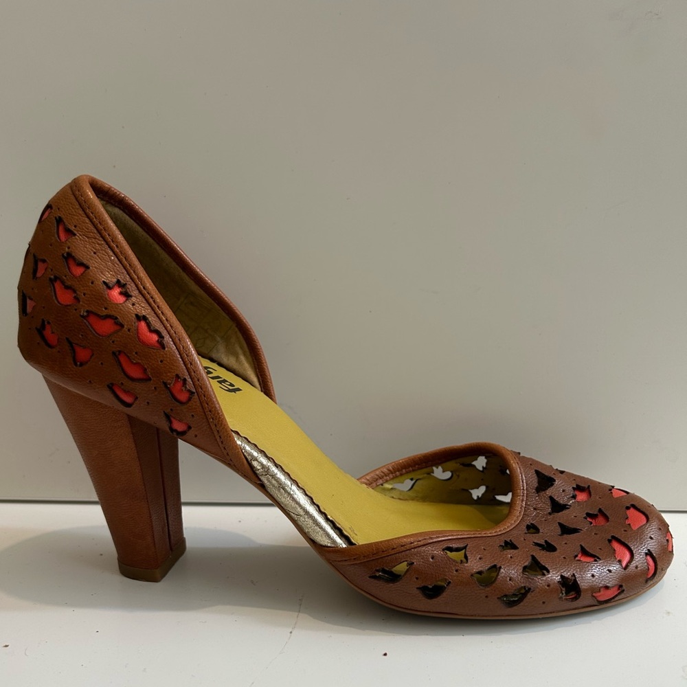 farylrobin Tan Perforated Leather Heels